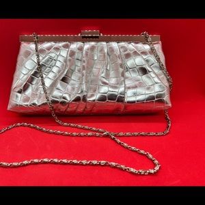 Jessica McClintock Silver Alligator Chain Strap Evening Clutch